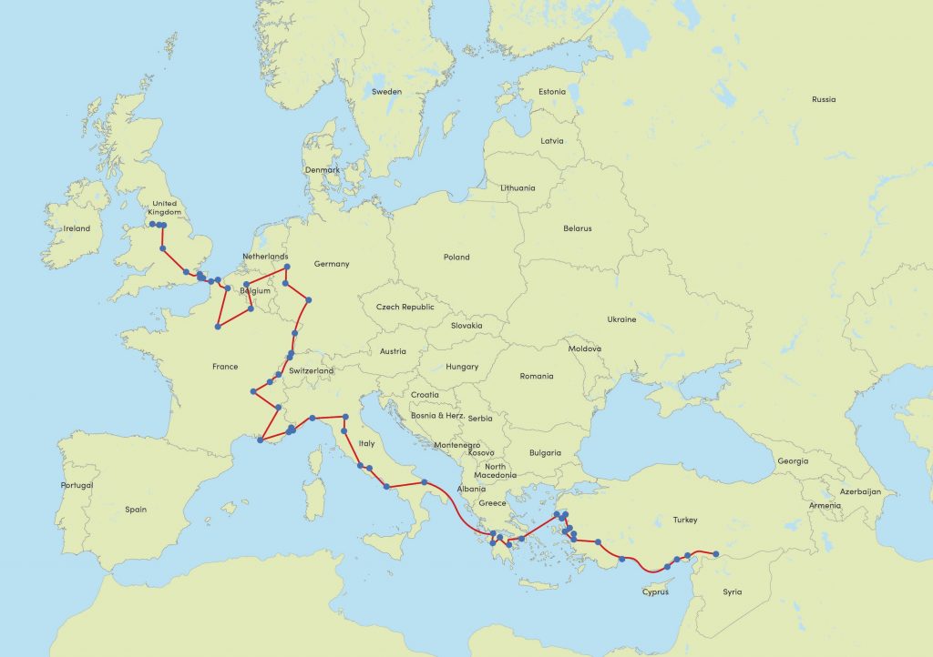 A map of Europe showing the countries that Little Amal will travel through denoted by a red line and blue spots at each of the locations. From Turkey, Greece, Italy, France, Switzerland, Germany, Netherlands, Belgium, France (again) and the UK. 